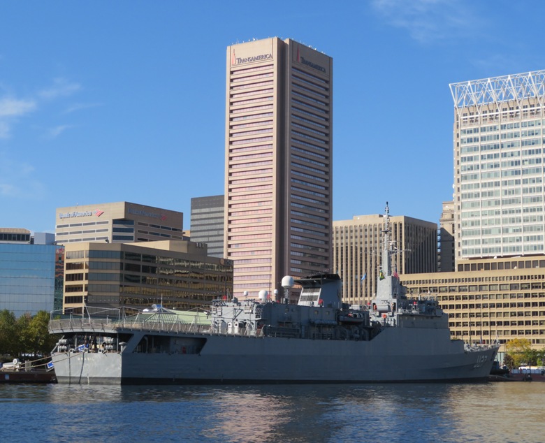 Rear starboard view in front of buildings
