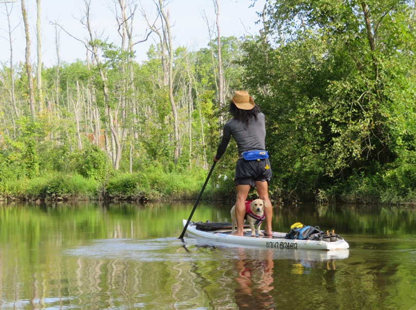 Daphne and I on SUP with dead trees behind
