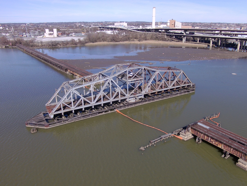 Higher view of swing bridge and trash