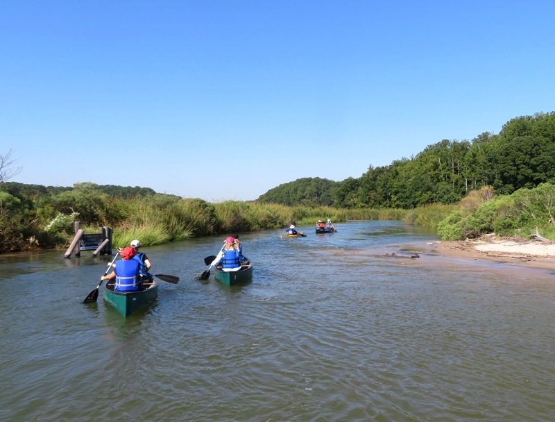People in canoes near the mouth of Parkers Creek