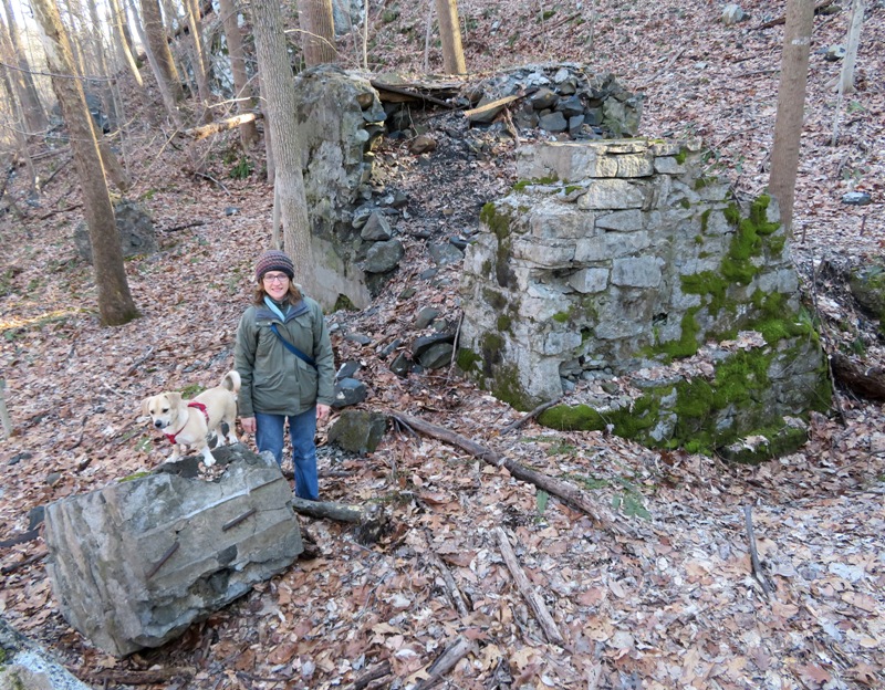 Norma and Daphne at old stone furnace at quarry