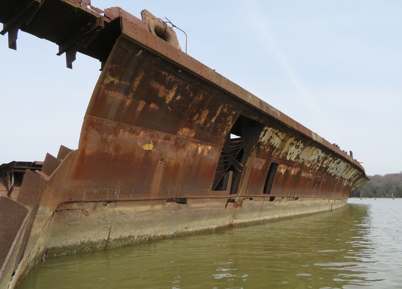 Starboard view showing where steel hull panels were removed