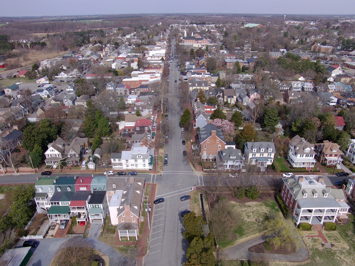 Drone photo of Chestertown, looking northwest on High Street
