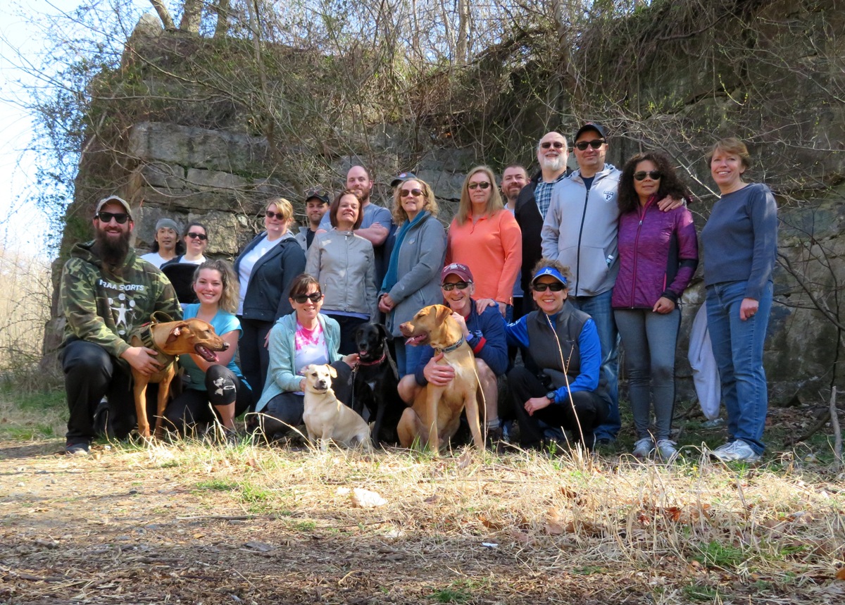 Group pic with dogs near old dam