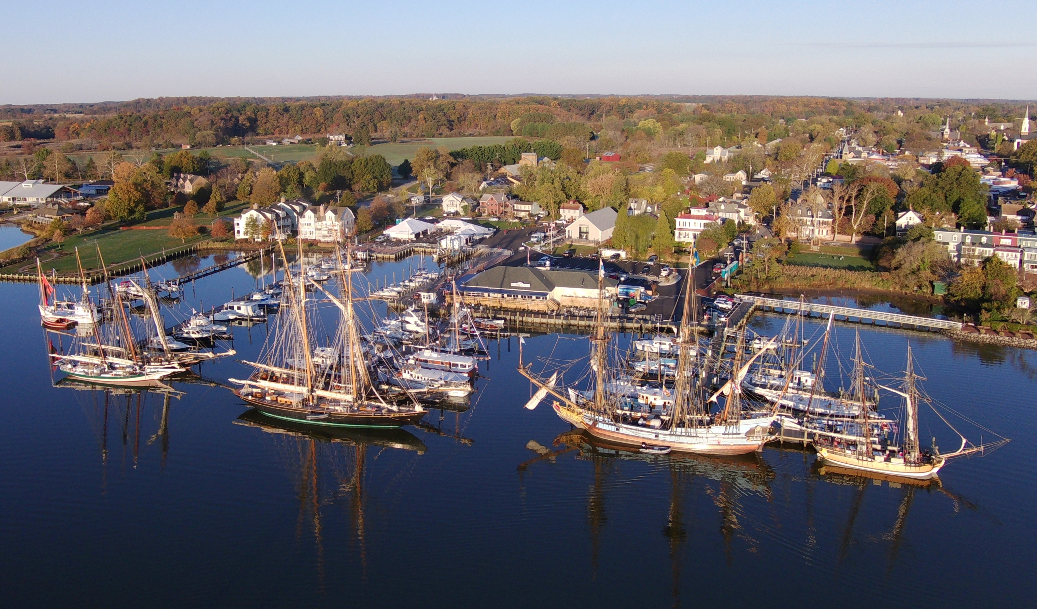 Looking down on four tall ships and Chestertown