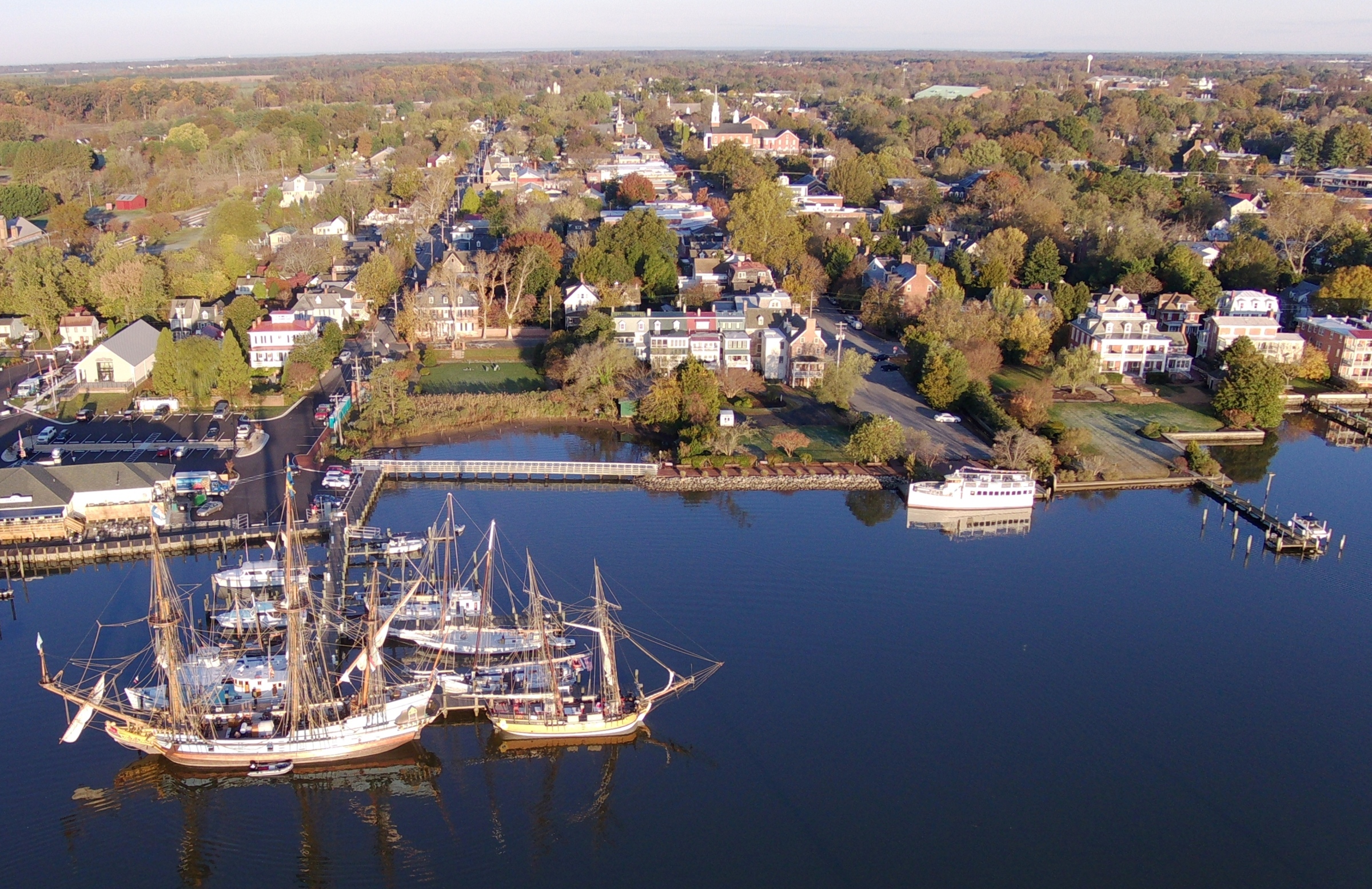 Drone's view of historic Chestertown with some ships