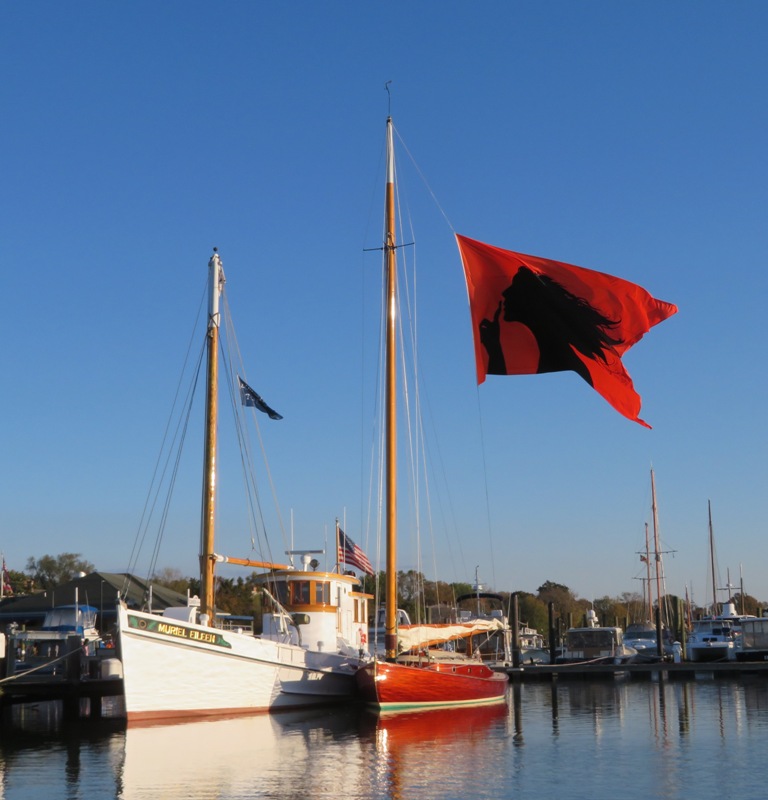 Two wooden boats, not tall ships, with a big red flag showing outline of woman's face