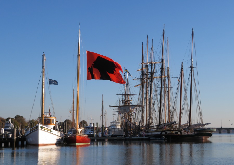 View of several boats, looking upstream