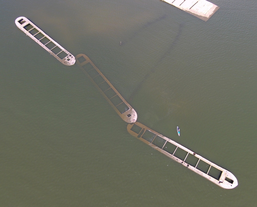 Overhead view of three concrete ships