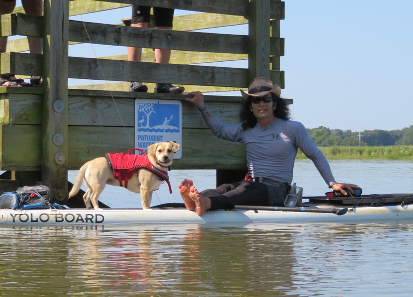 Daphne and I on SUP in front of Patuxent Water Trail Sign