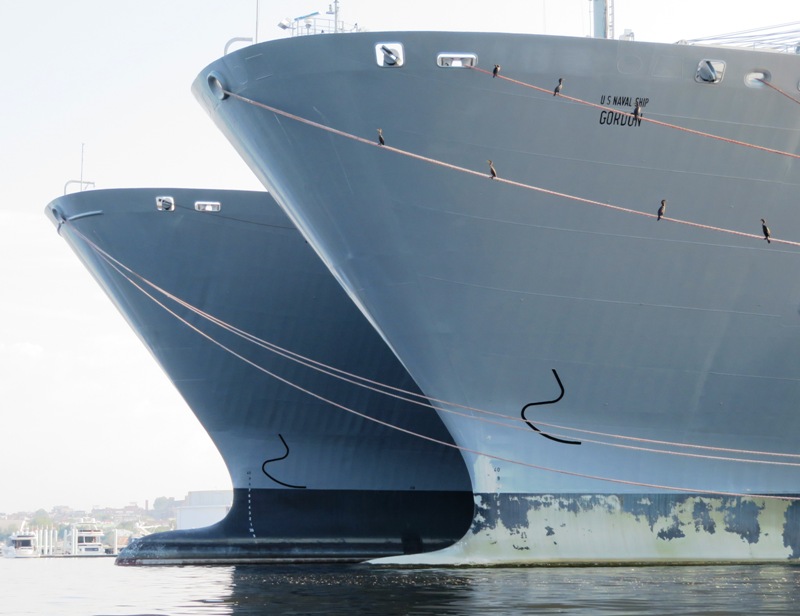 Front port side of two ships with black sqiggly lines painted on or attached