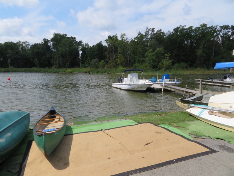 Carpeted soft launch ramp with canoe