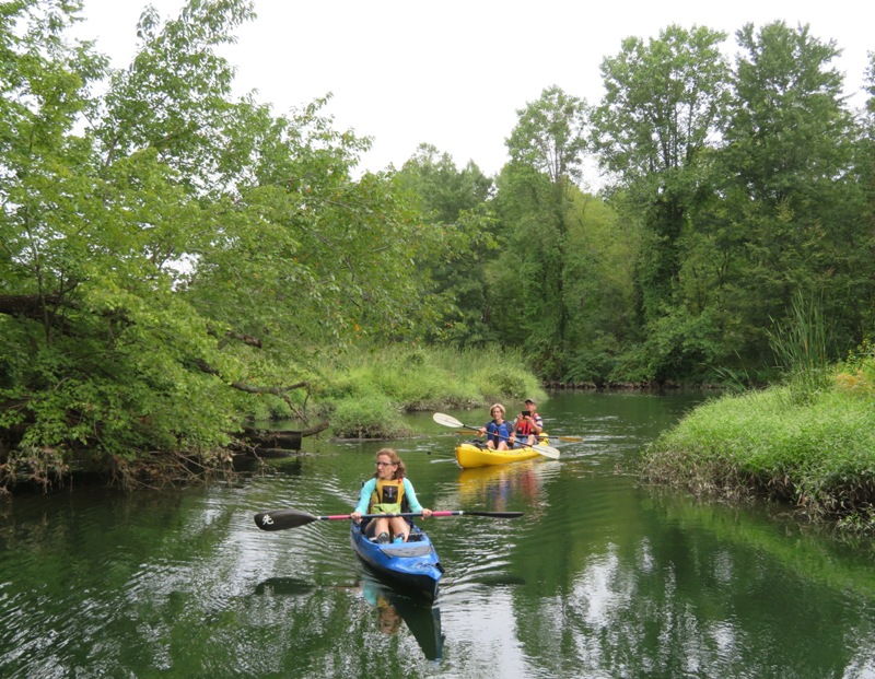 Narrow, wooded section of Mill Stream Branch with Norma, Beate, and Gerhard kayaking
