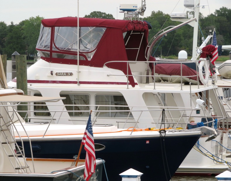 Moored powerboat with sign reading 'Sara V'