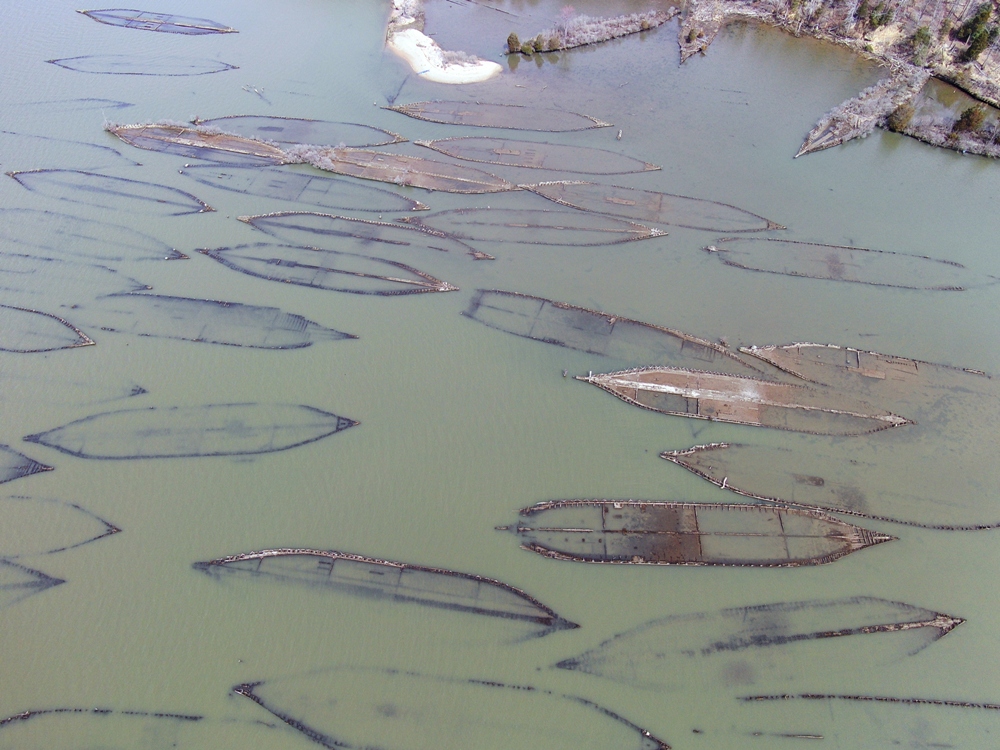 Angled downward view of shipwrecks and Grady's Spit