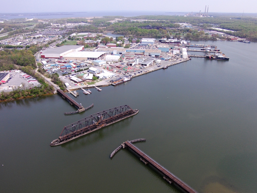 Swing train bridge and Coast Guard yard