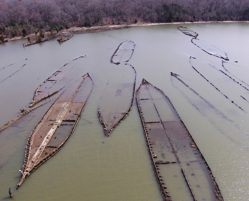Even lower altitude view of shipwrecks that include the Three Sisters Wrecks