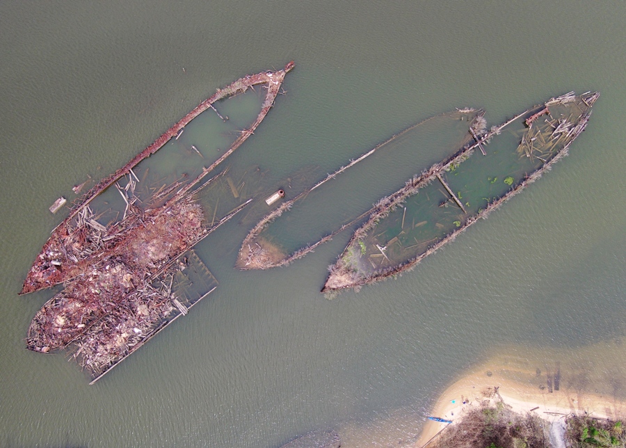 Looking down on shipwrecks and my kayak