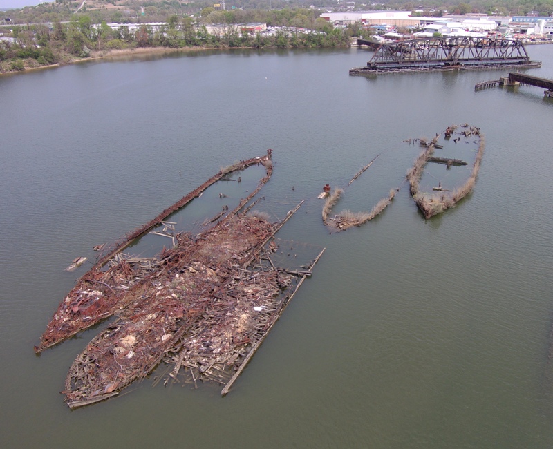 Shipwrecks with swing bridge behind