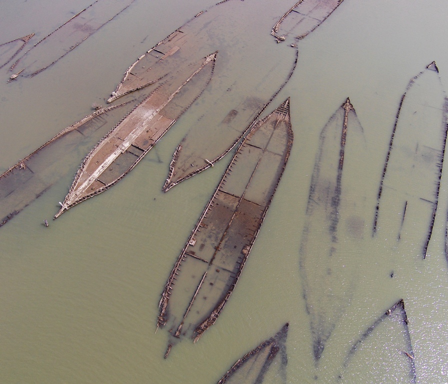 Somewhat low altitude view of shipwrecks