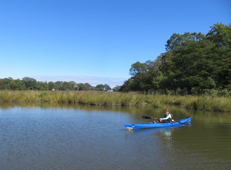 Norma in kayak in pond at terminus of branch