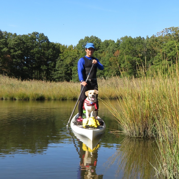 Front view of Daphne and me on SUP