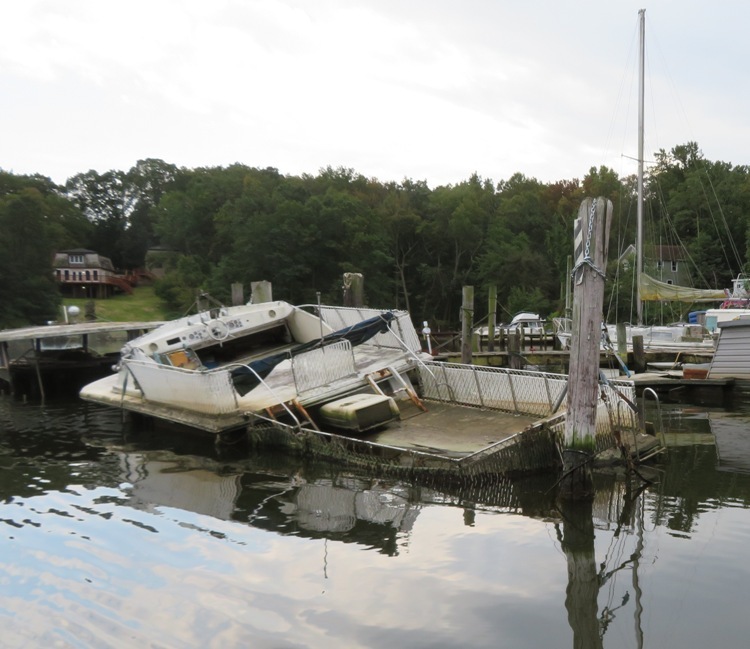 Partially submerged and askew wreck