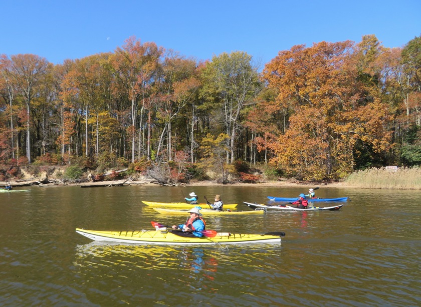 More kayakers with colorful leaves on trees in the background