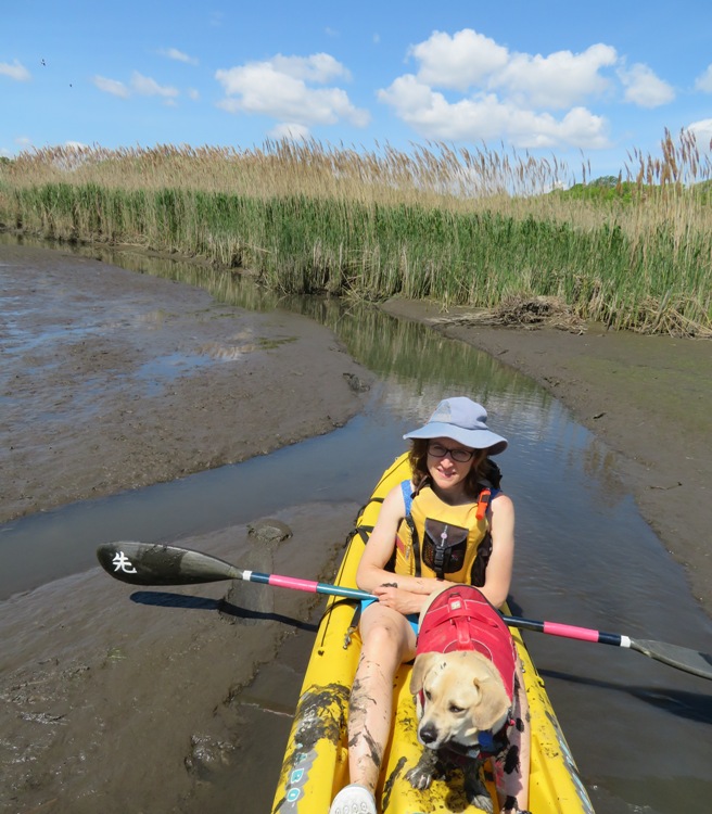 Norma and Daphne in shallow, narrow, muddy area