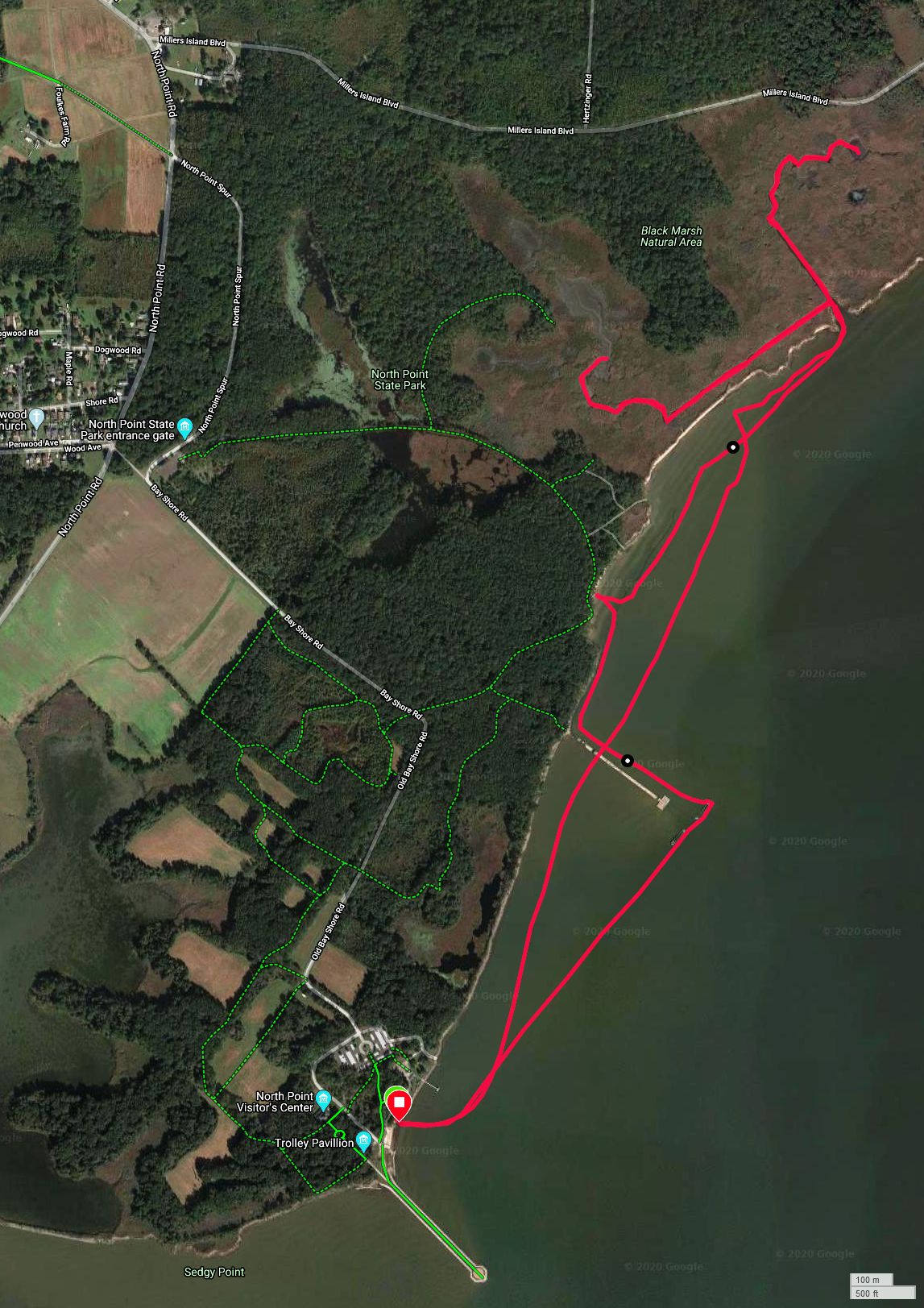 Satellite photo with our route superimposed in red