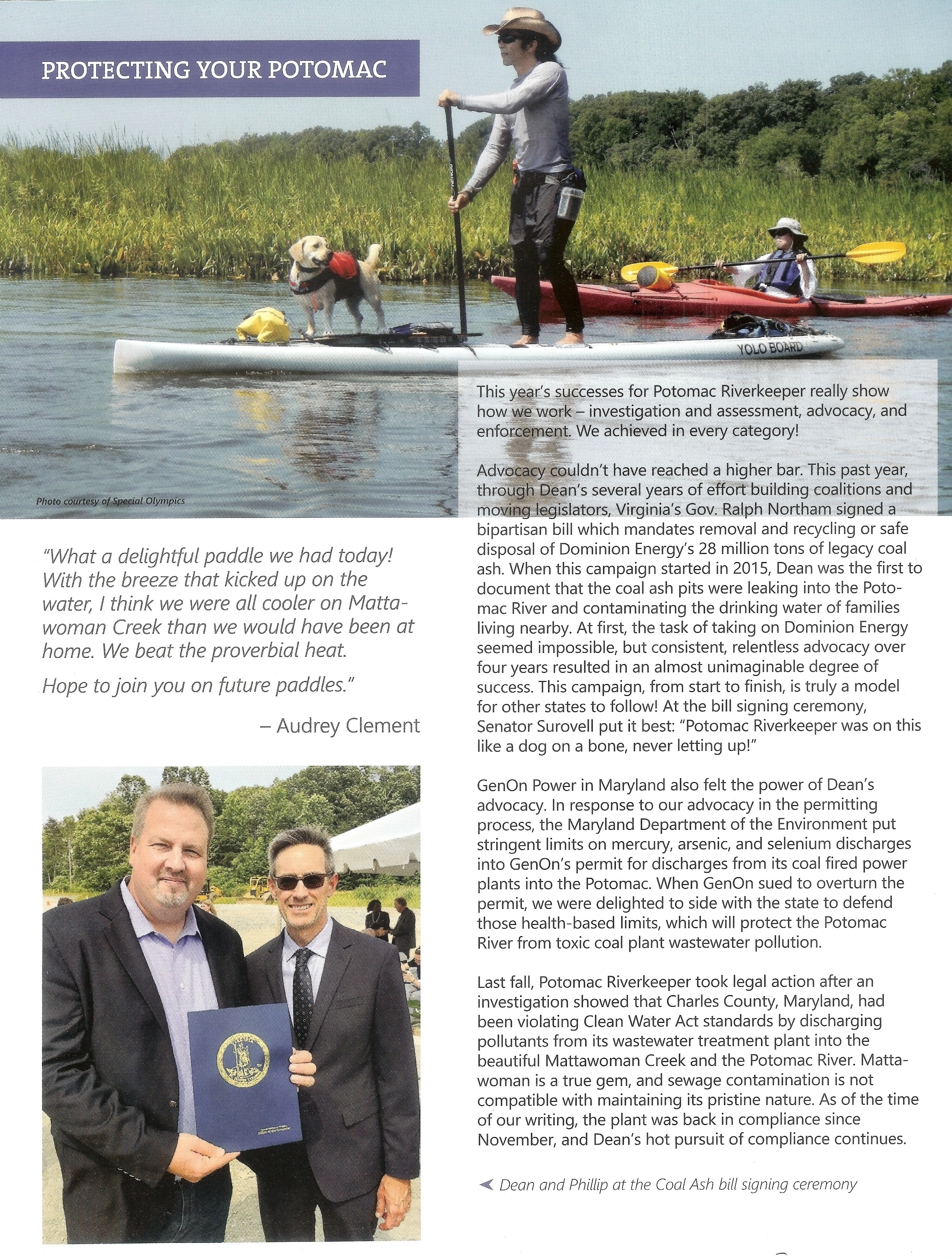 Page from Potomac Riverkeeper Network 2019 Annual Report showing Daphne and me on SUP