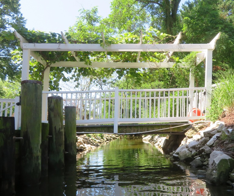 White pergola with plants growing on it covering small bridge over narrow waterway