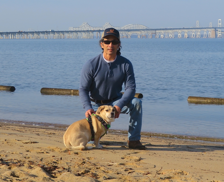 Daphne and I on the beach with the Chesapeake Bay Bridge in the background