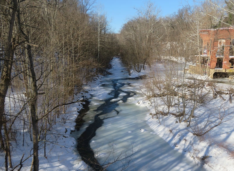 The icy Little Patuxent River as seen from the bridge