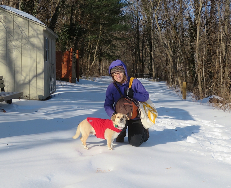 Norma and Daphne on the snow at the trailhead