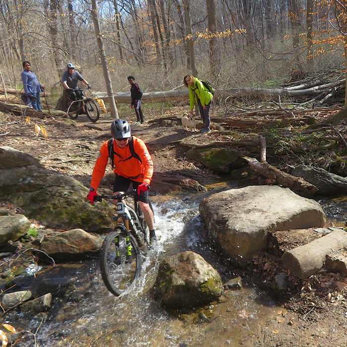 Mountain biker riding through a creek
