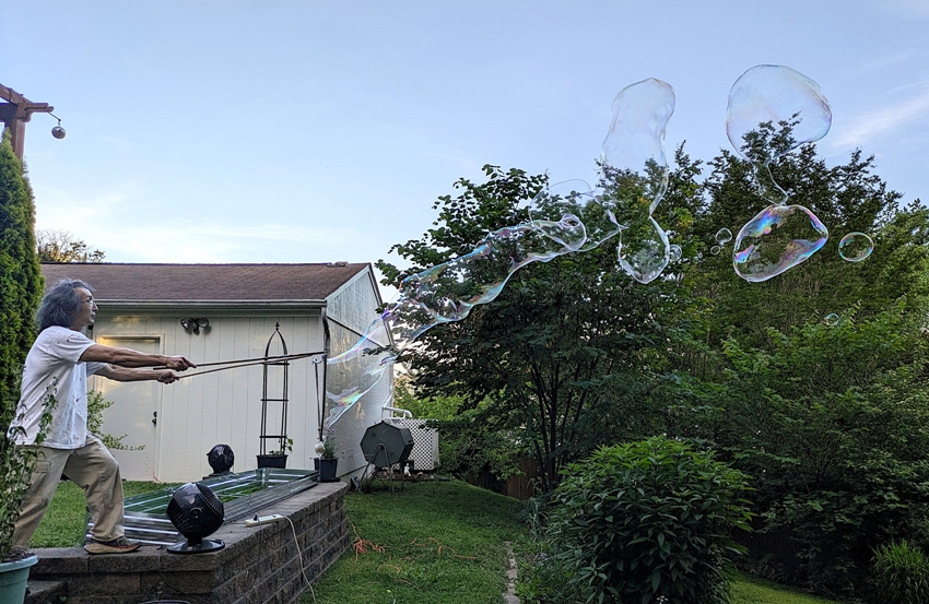 Me making bubbles in front of a fan