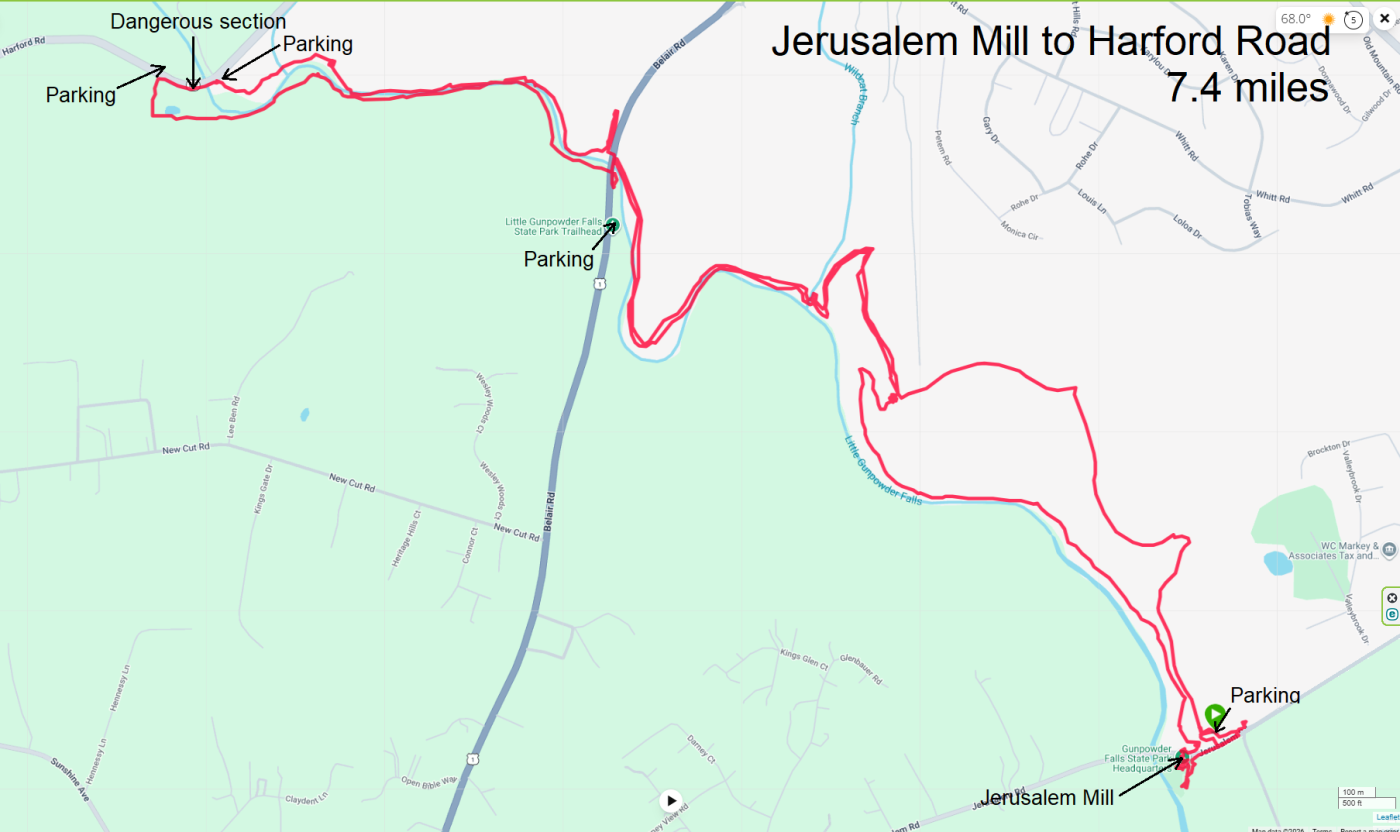 Map of our route and the various parking lots